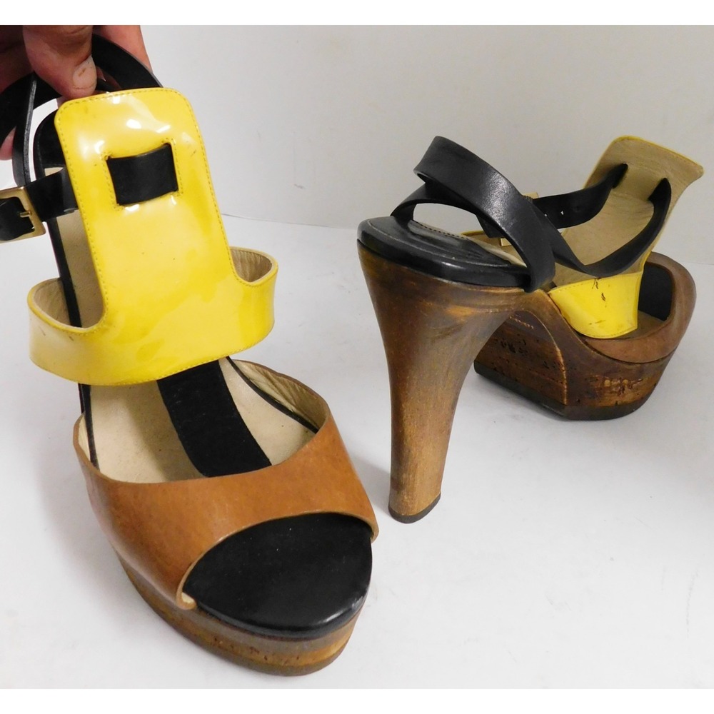 JIMMY CHOO Samos Yellow Patent Brown Leather Wood Platform Sandals sz 37